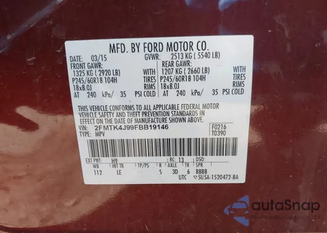 2015 Ford Edge Sel z USA, uszkodzony, nr VIN 2FMTK4J99FBB19146